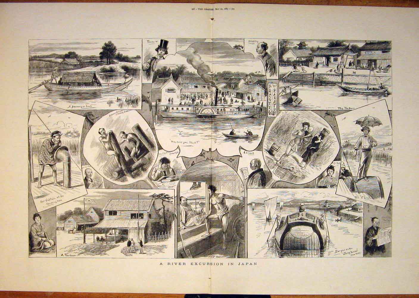 Original Old Antique Print River Excursion Japan Sketches Boat 1882 Victorian