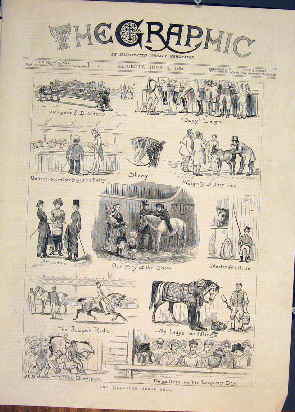 Original Old Antique Print Islington Horse Show Horses Sketches Pony Sketch 1882