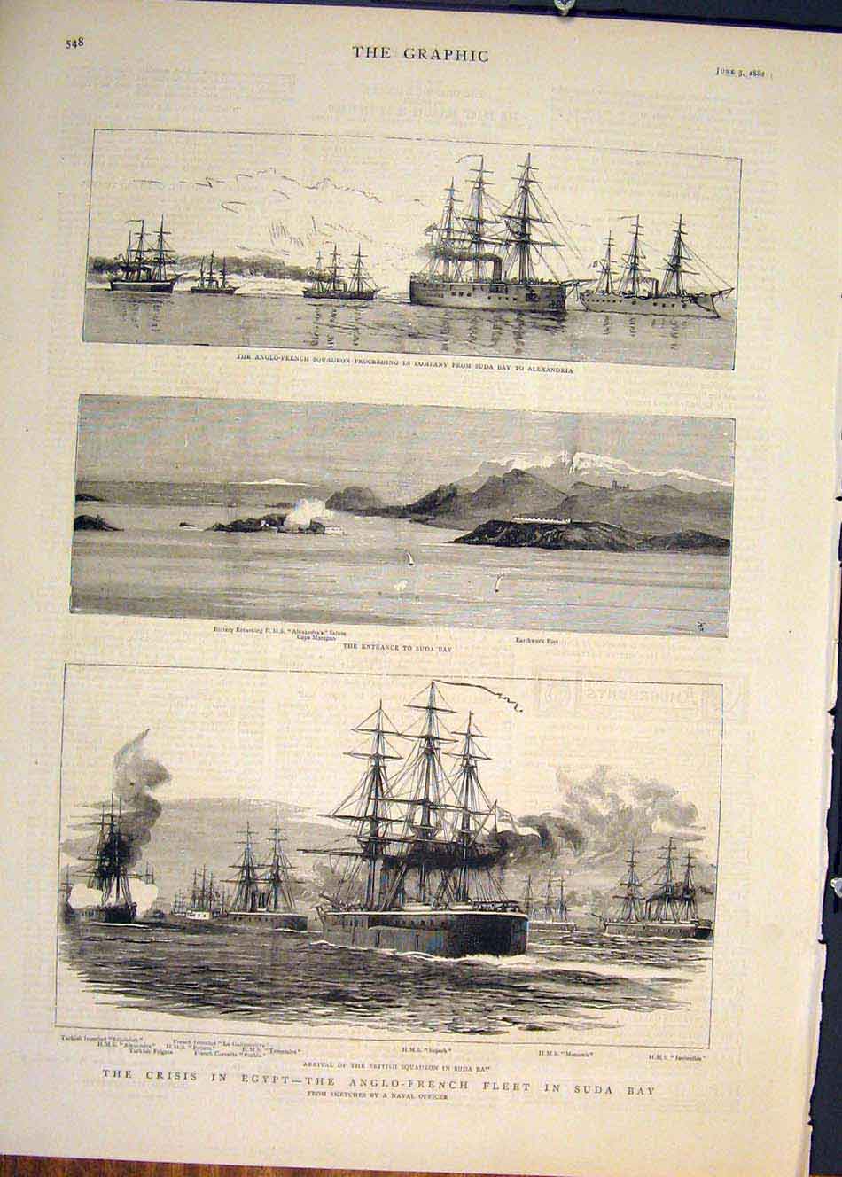 Original Old Antique Print Egypt Anglo French Fleet Suda Bay Africa Alexandria