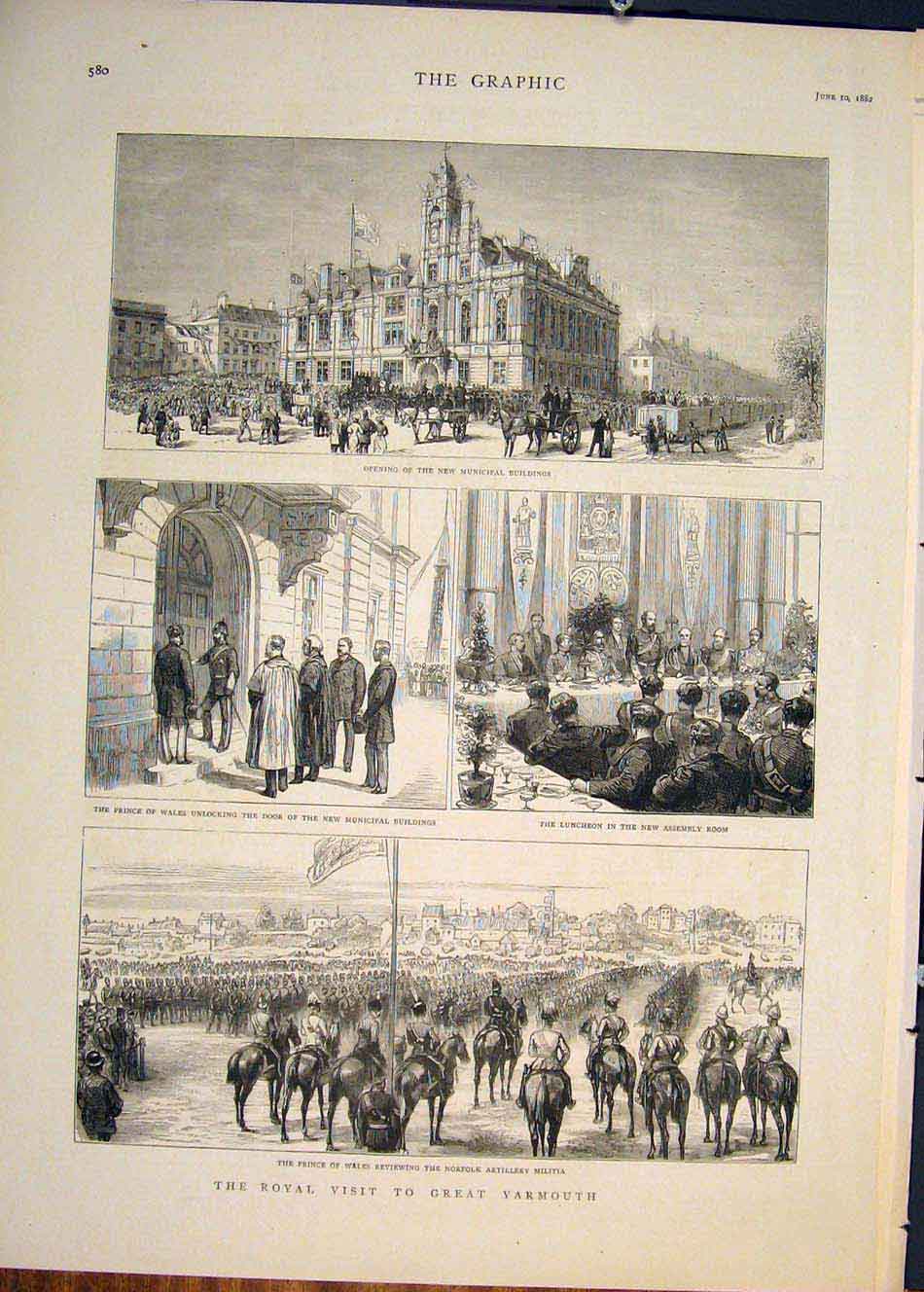 Original Old Antique Print Yarmouth Royal Municipal Buildings Norfolk Artillery