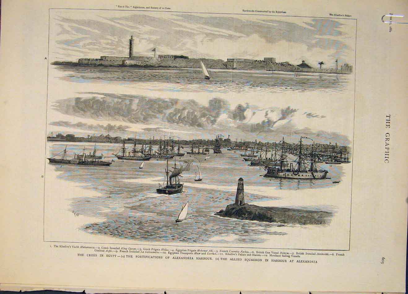 Original Old Antique Print Crisis Egypt Alexandria Harbour Turkish Cavass 1882
