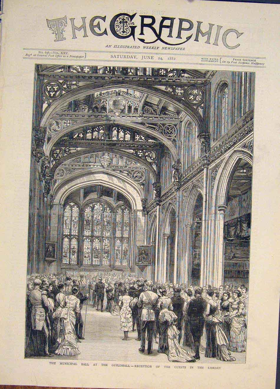 Original Old Antique Print Guildhall Reception Library Municipal Ball 1882 19th