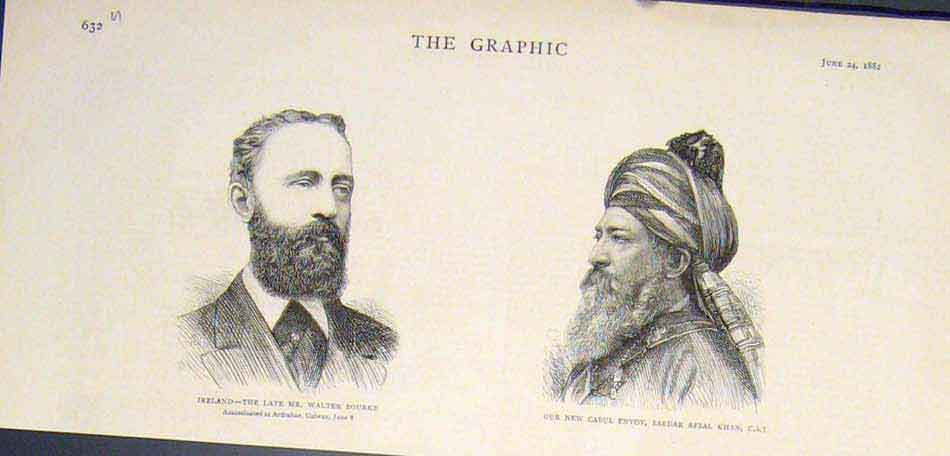 Original Old Antique Print Portrait Bourke Ireland Cabul Envoy Sardar Khan 1882