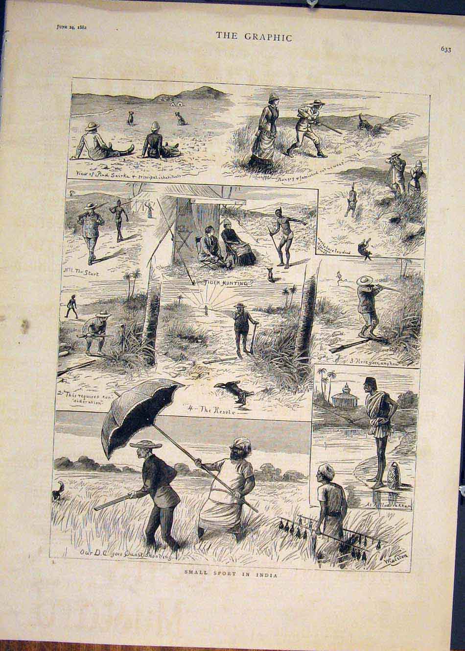 Original Old Antique Print India Sport Rabbit Hunt Hunting Shoot Quail 1882 19th