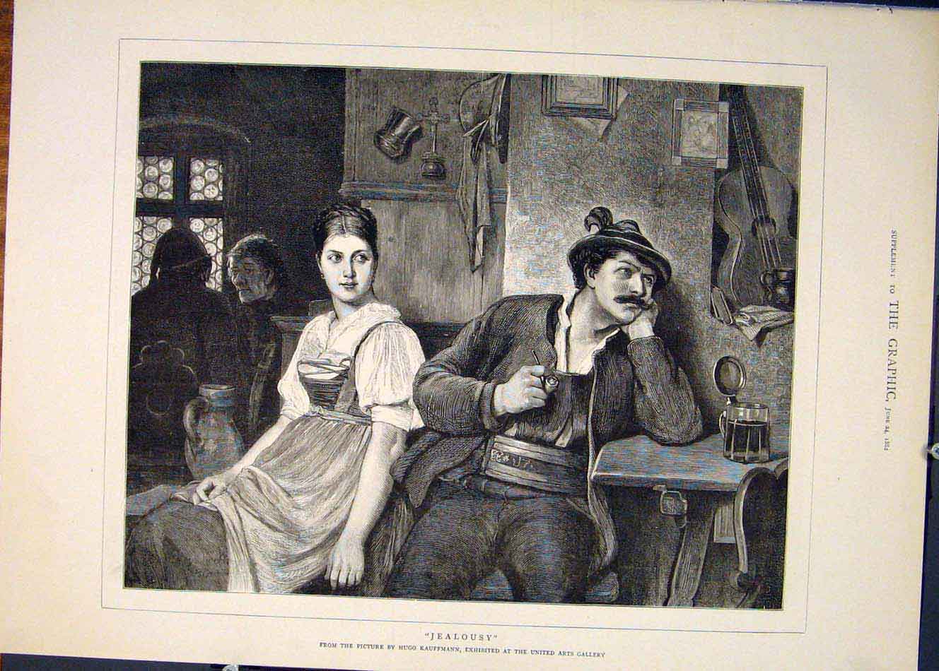 Old Antique Print Jealousy Kauffmann Lady Gentleman Jealous Fine Art 1882 19th