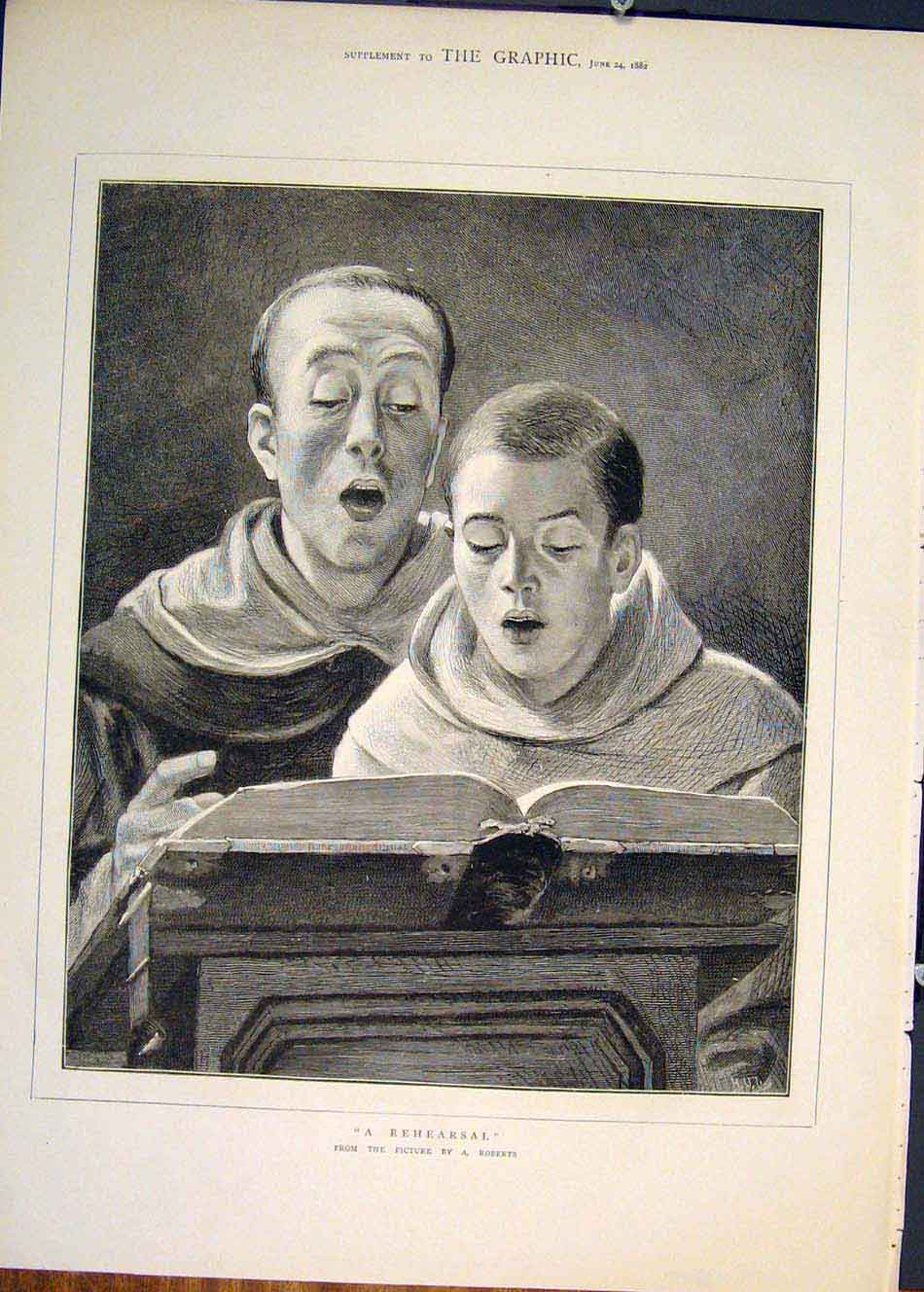 Old Antique Print Rehearsal Roberts Church Reading Religion Fine Art 1882 19th