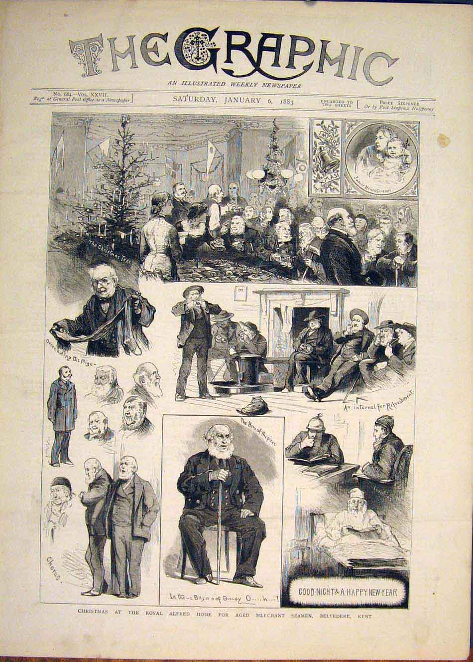 Original Old Antique Print Christmas Merchant Seamen Belvedere Royal Alfred 1883