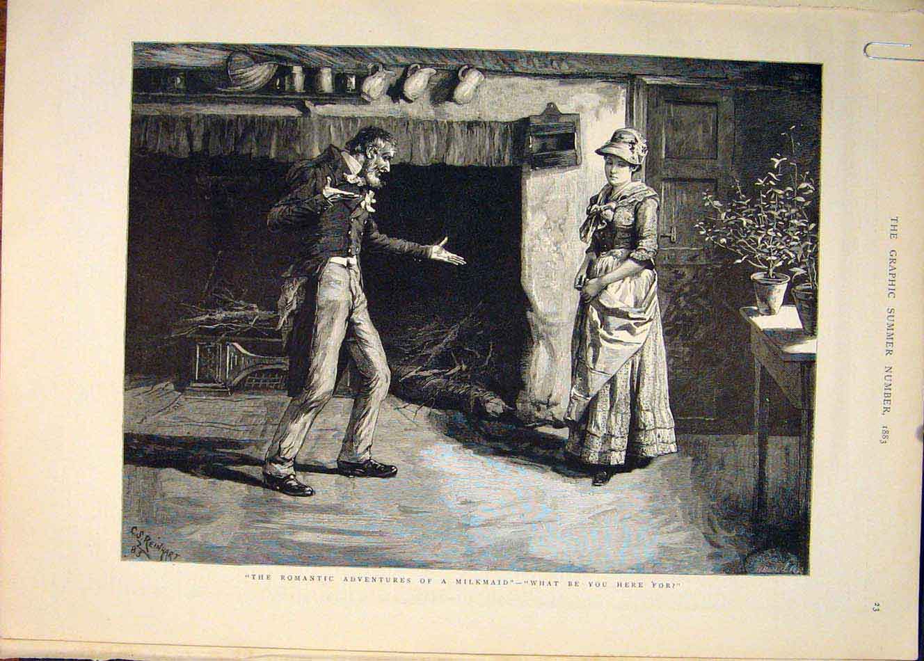 Original Old Antique Print Milkmaid Romance Kiln Horse Romantic Lady Man 1883