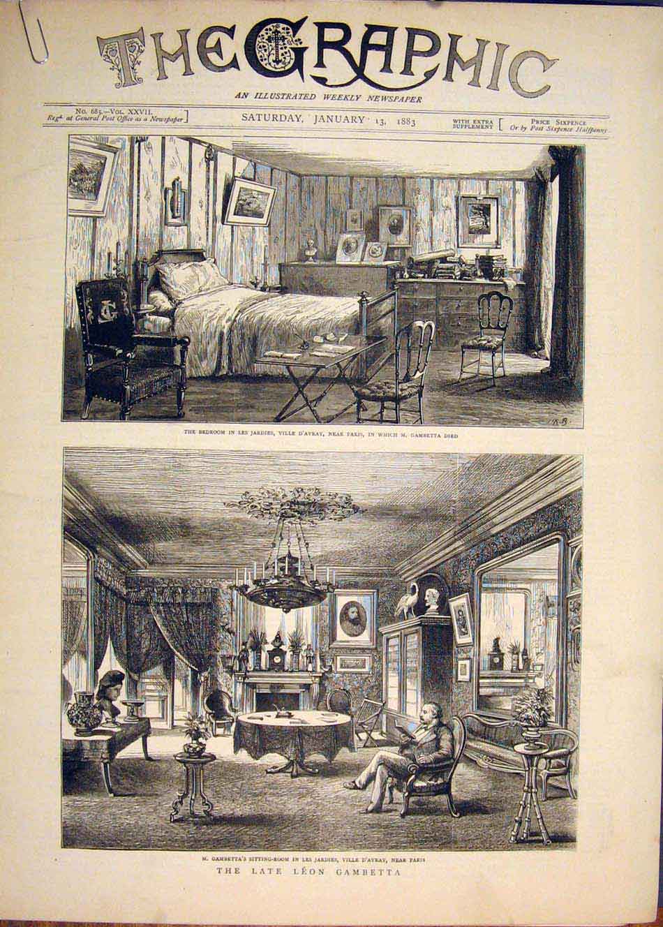 Original Old Antique Print Leon Gambetta Paris Prime Minister France 1883 19th