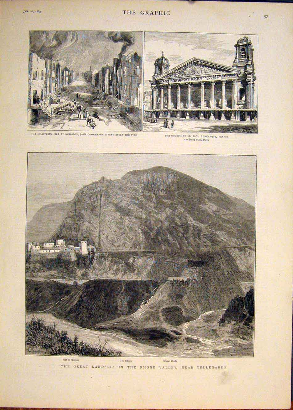 Original Old Antique Print Kingston Jamaica Fire Church Dunkerque France Rhone