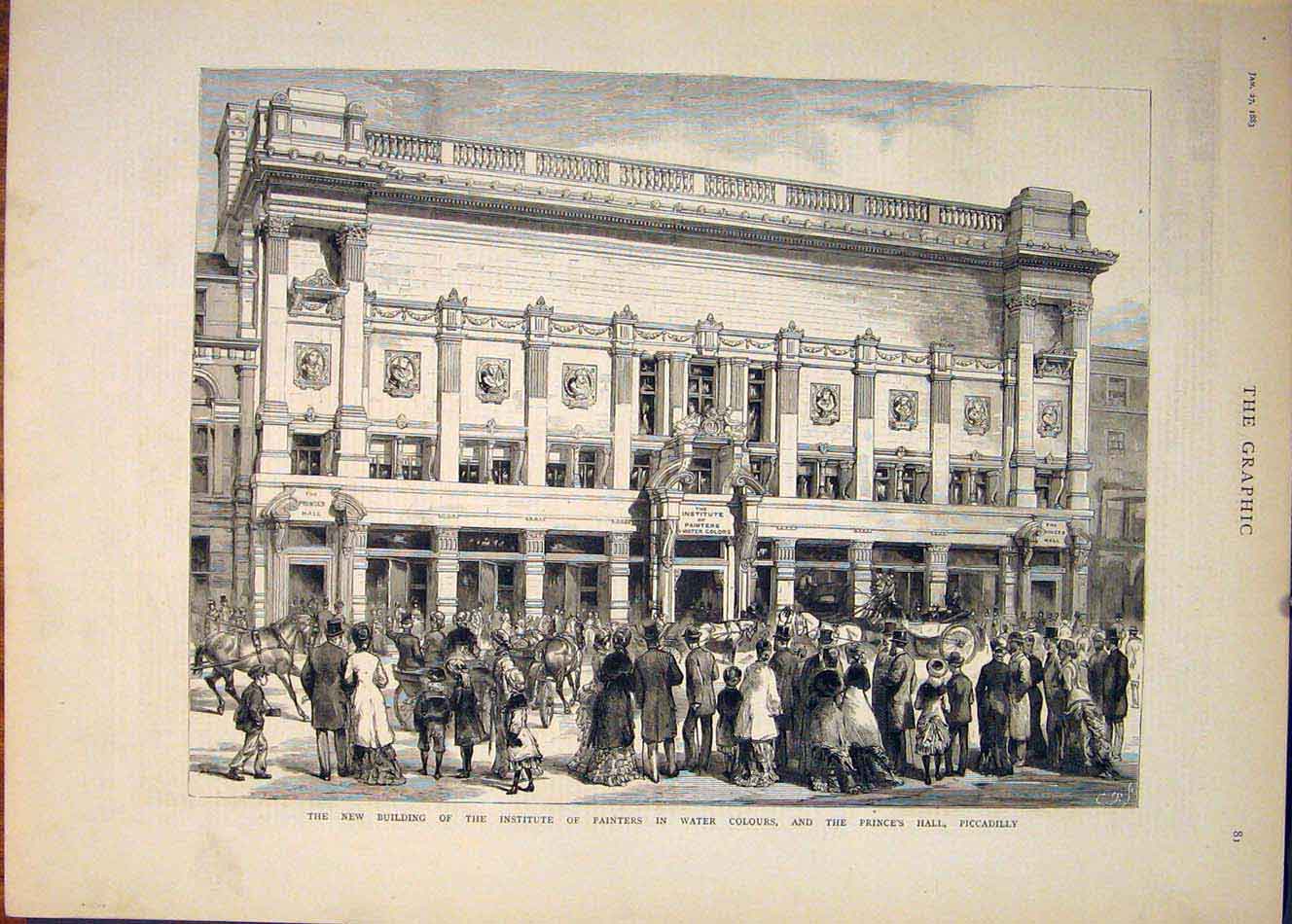 Original Old Antique Print Building Institute Painters Prince'S Hall Piccadilly
