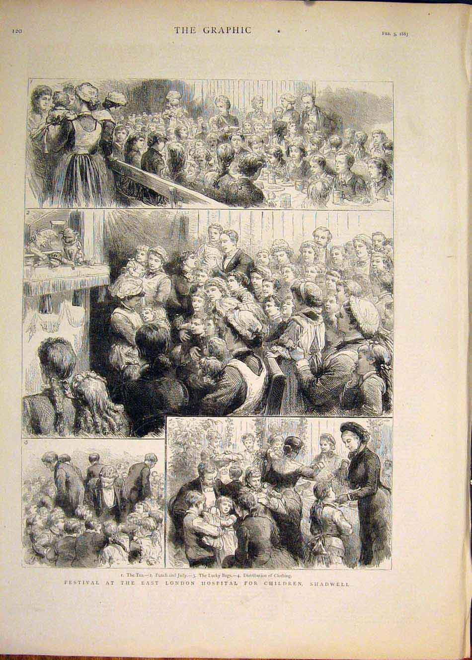 Original Old Antique Print Festival London Hospital Children Shadwell 1883 19th