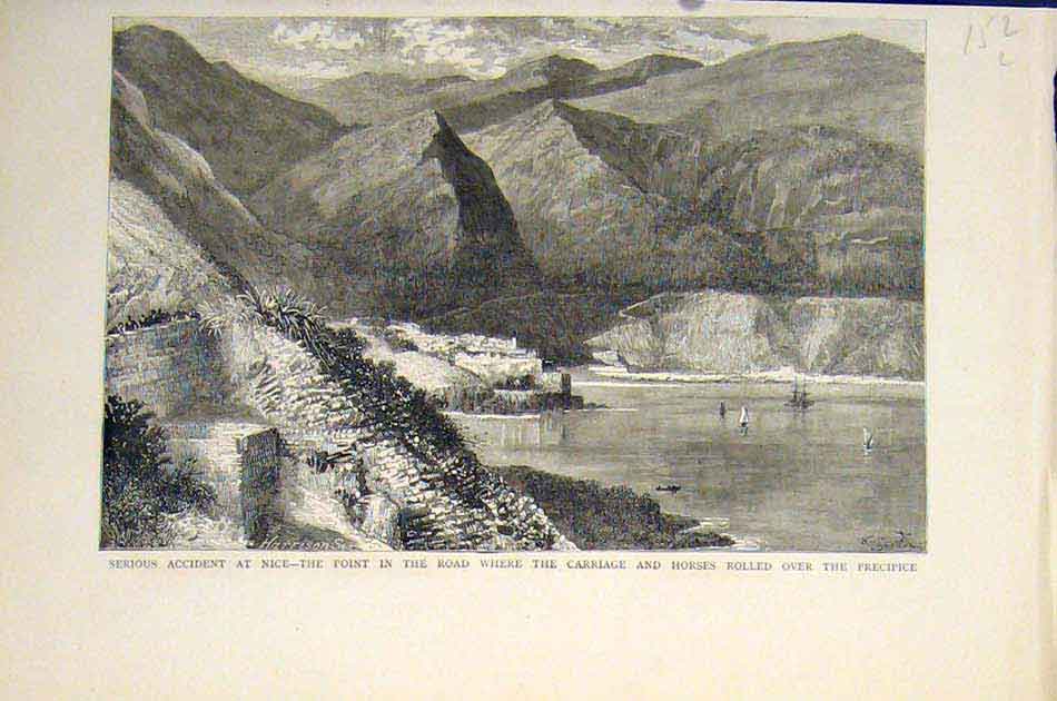 Original Old Antique Print Nice France Accident Carriage Horses Precipice 1883