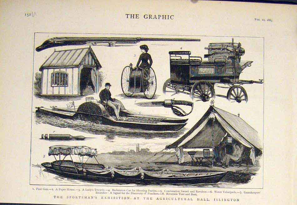 Old Antique Print Sportsman Exhibition Hall Islington Tricycle Boat Tent