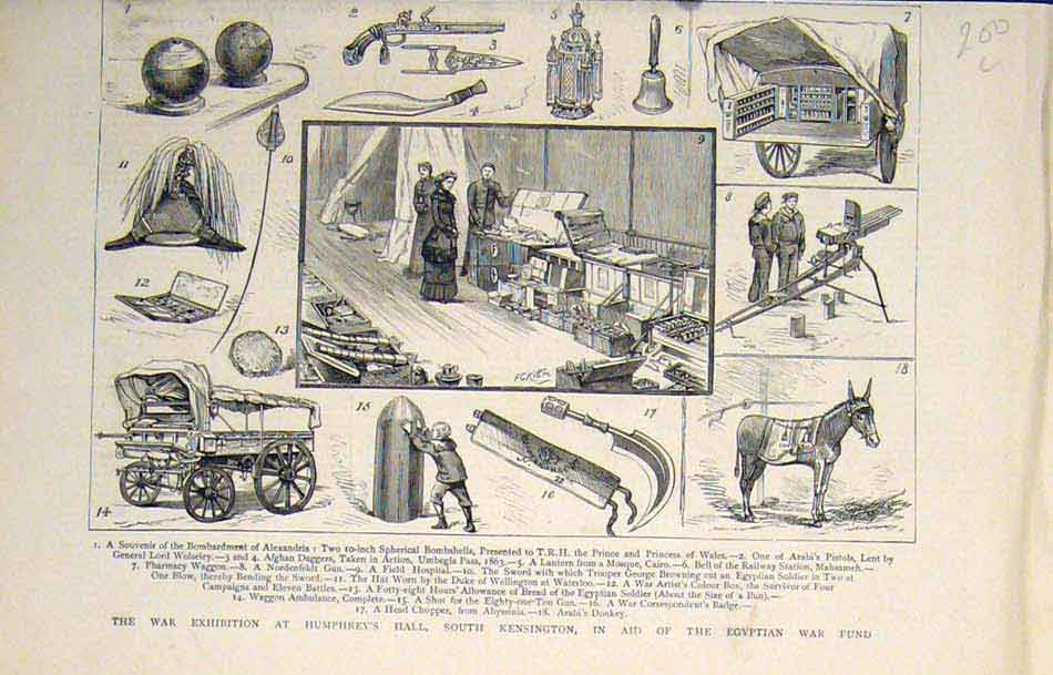 Old Antique Print War Exhibition Kensington Egyptian Egypt Gun Cairo 1883 19th