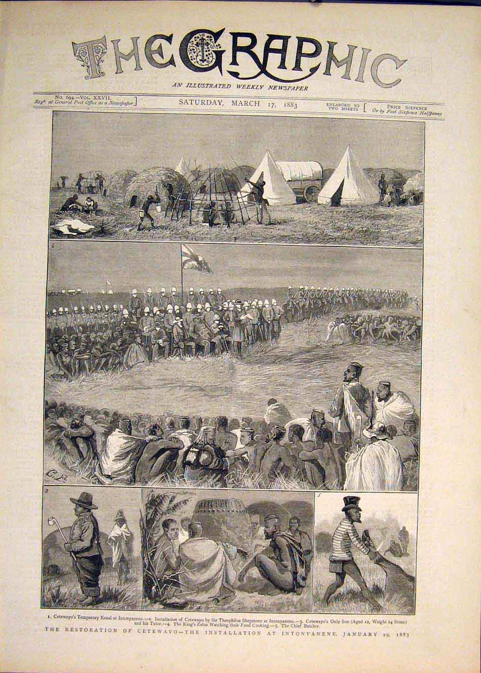 Original Old Antique Print Cetewayo Africa War Intonyanene Shepstone Zulu