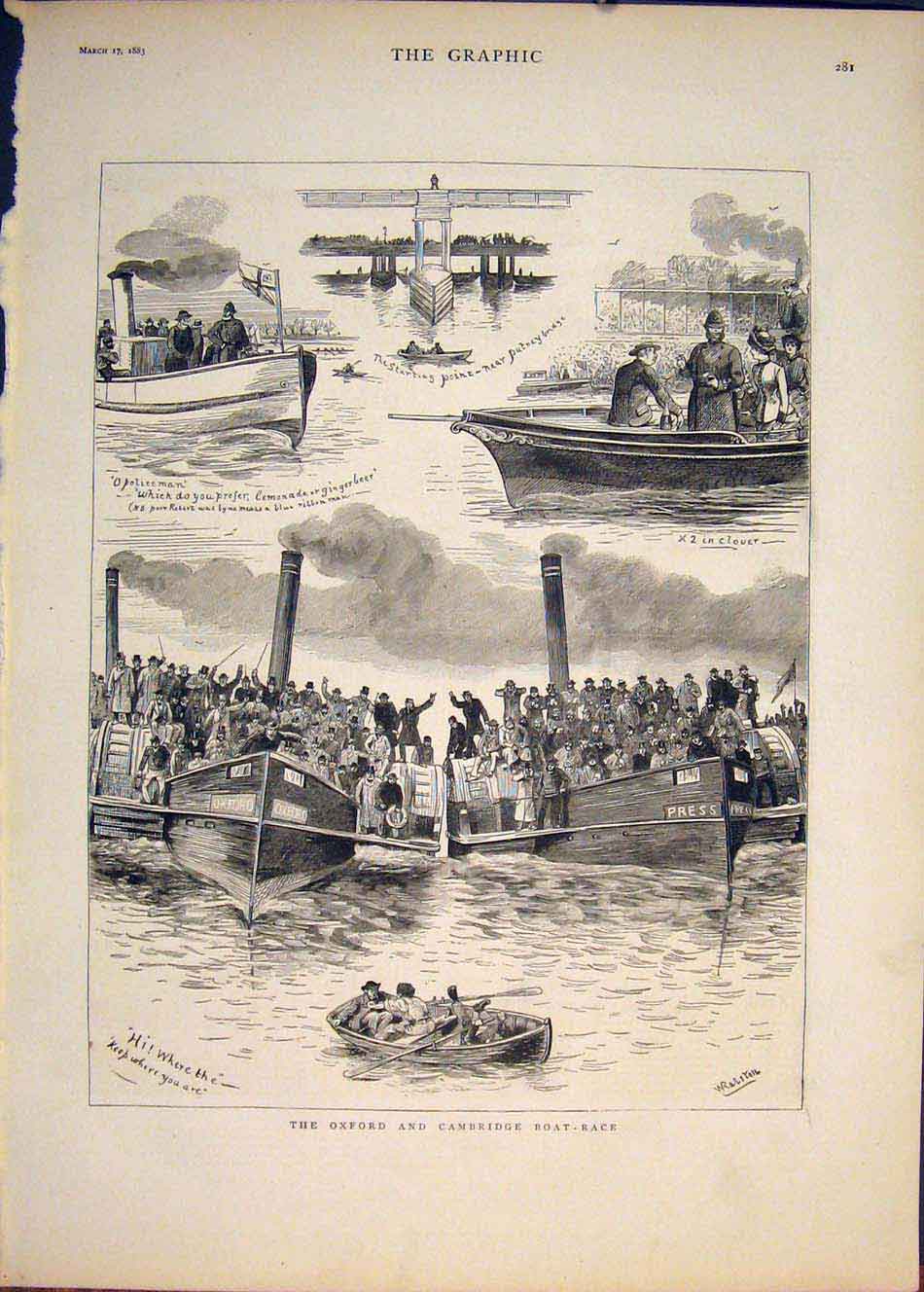 Original Old Antique Print Oxford Cambridge Boat Race London 1883 19th