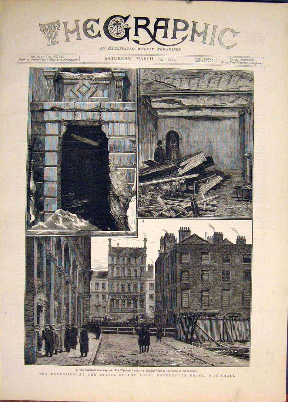 Original Old Antique Print Explosion Office Government Board Whitehall 1883 19th