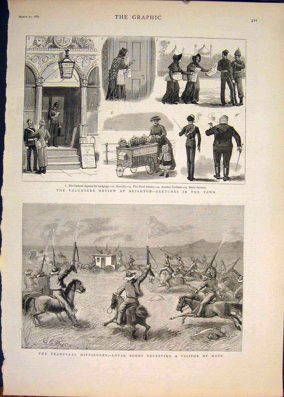 Original Old Antique Print Volunteer Review Brighton Transvaal Boer Boers 1883