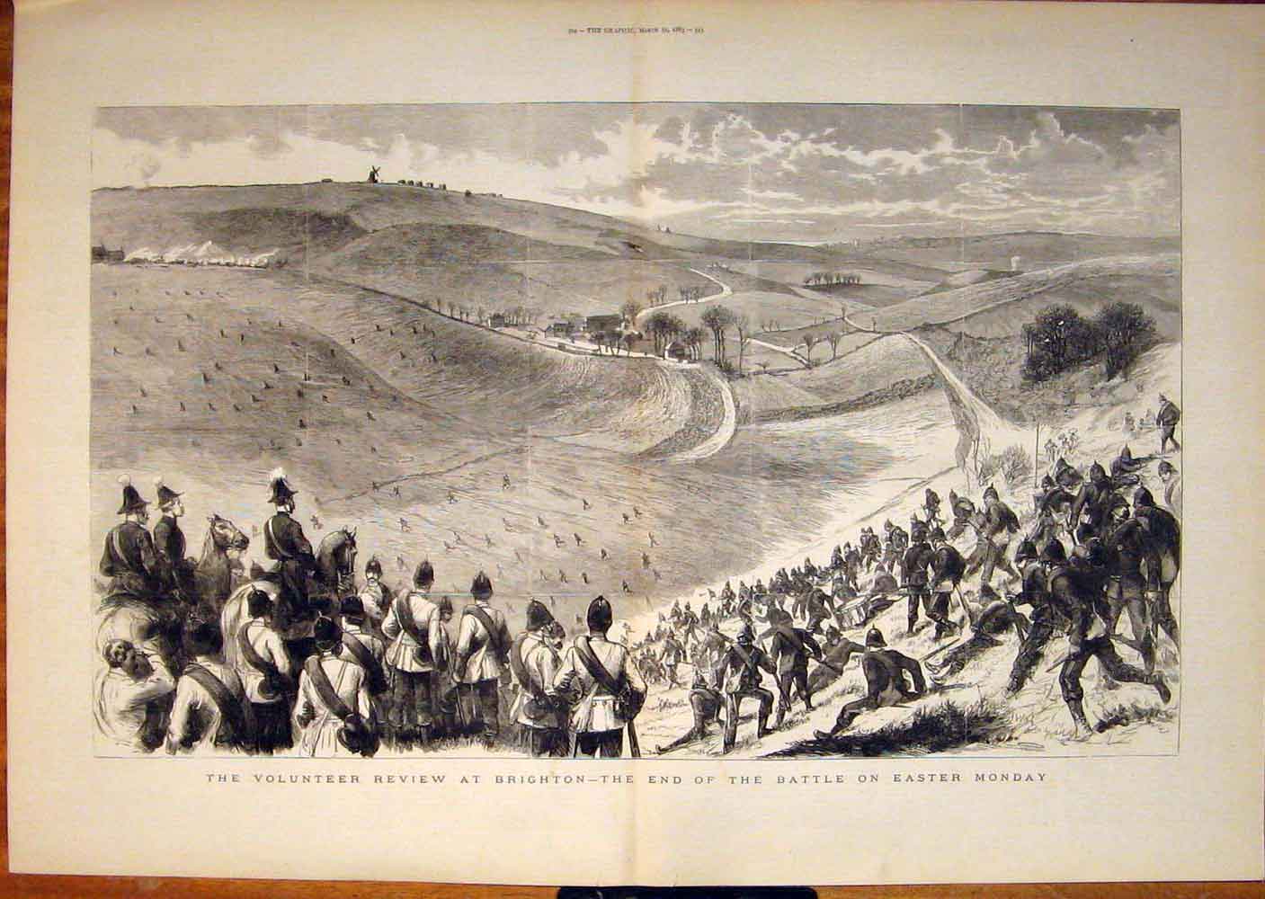 Original Old Antique Print Volunteer Review Battle Easter Monday Brighton 1883