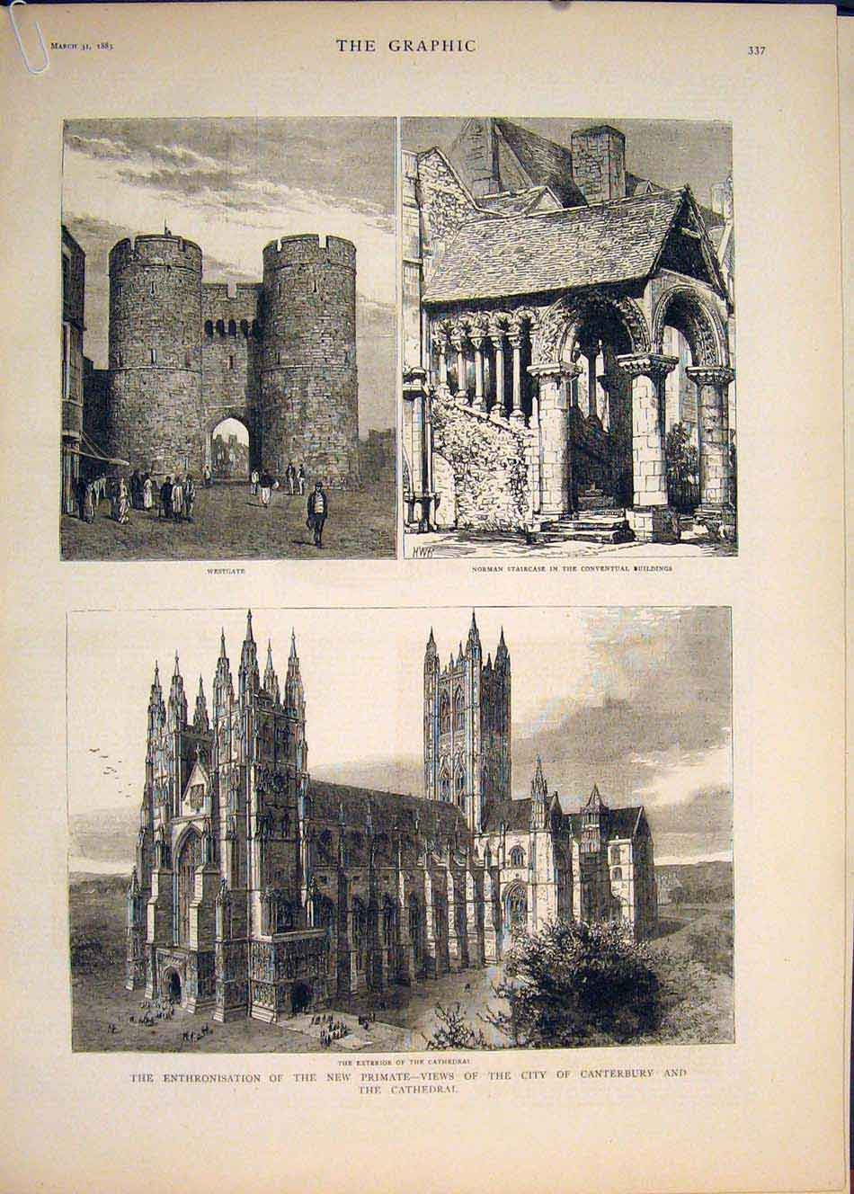 Old Antique Print Canterbury City Cathedral Norman Staircase Becket Crown