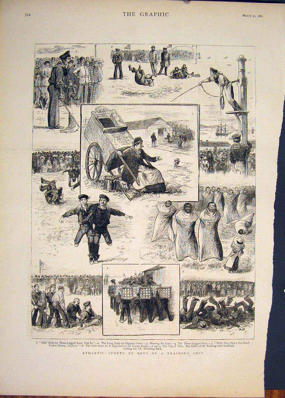 Original Old Antique Print Athletic Sports Boys Training Ship Navy 1883 19th