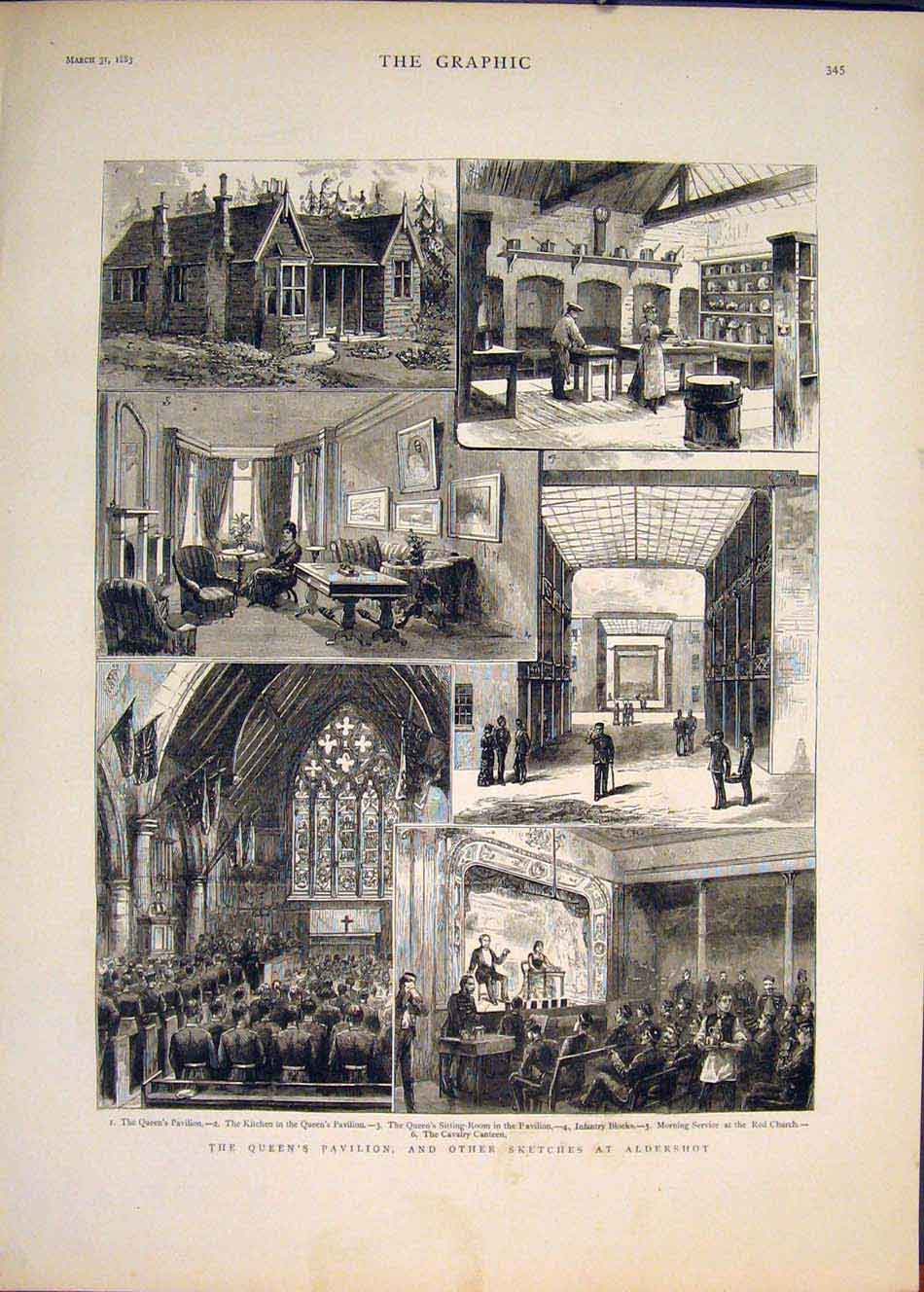 Original Old Antique Print Queen Pavilion Aldershot Sketches Church 1883 19th