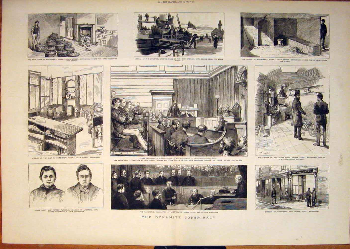 Old Antique Print Dynamite Conspiracy Liverpool Whitehead Birmingham 1883 19th