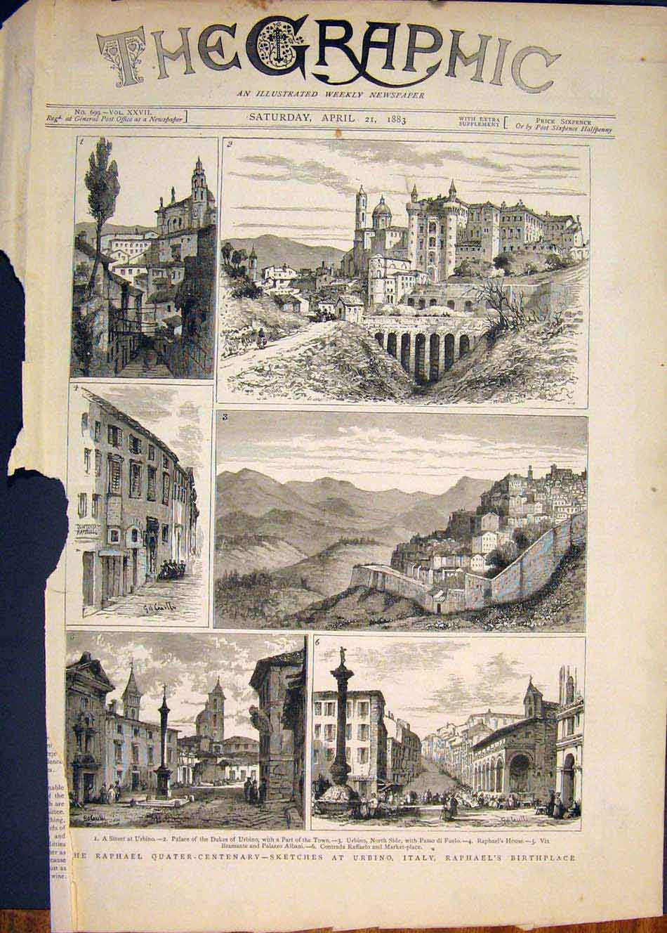 Original Old Antique Print Rapheal Sketches Urbino Italy Palace Raffaelo 1883