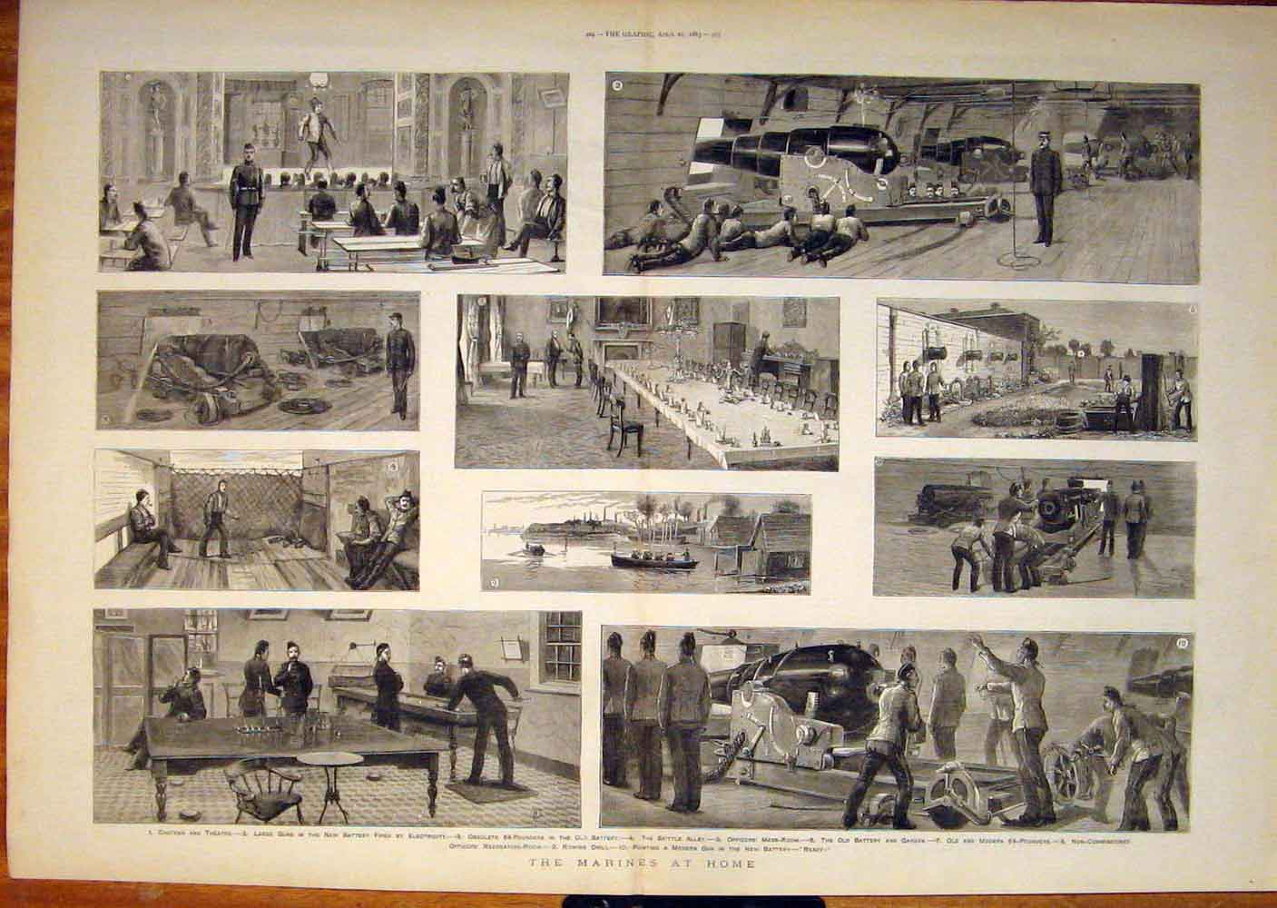 Original Old Antique Print Marines Homer Marine Navy Ship Naval 1883 Victorian