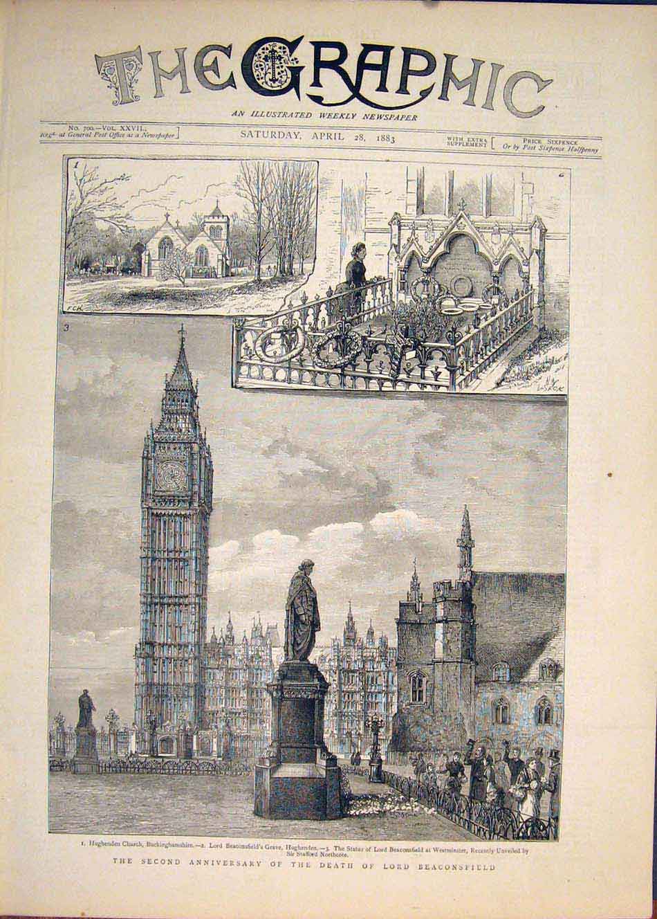 Original Old Antique Print Lord Beaconsfield Westminster Hughenden Church 1883