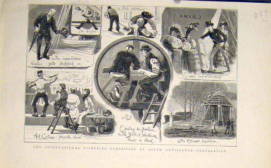 Original Old Antique Print International Fisheries Exhibition Kensington London