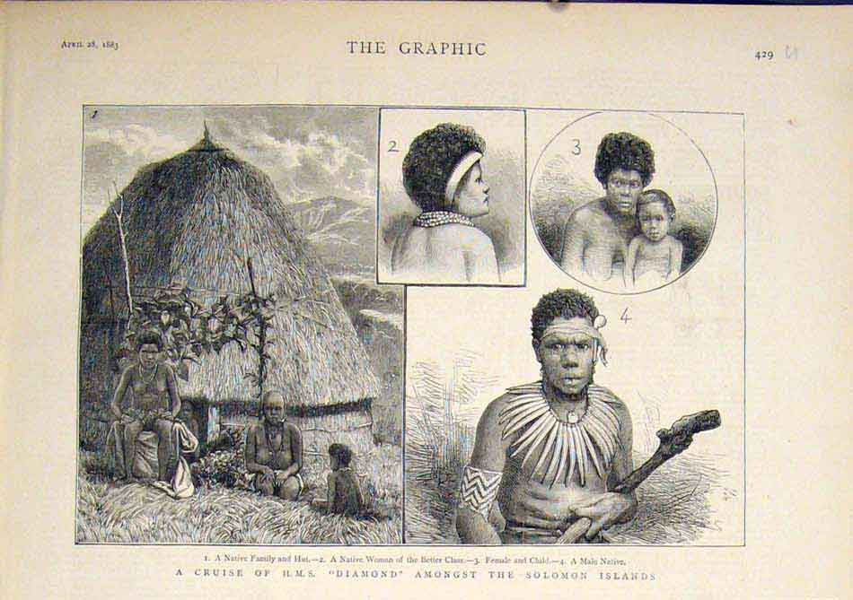 Original Old Antique Print Hms Diamond Solomon Islands Native 1883 Victorian