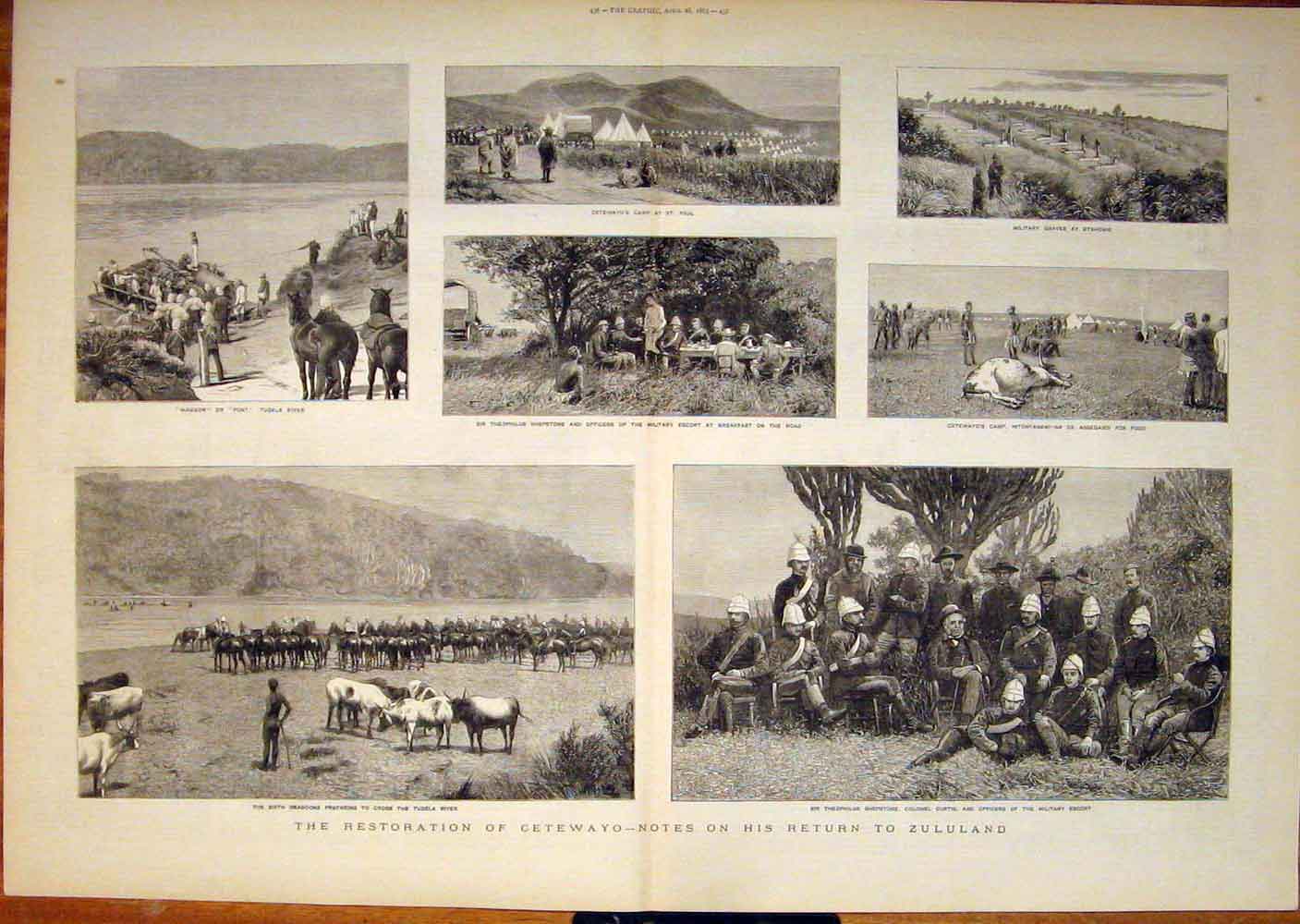 Original Old Antique Print Cetewayo Africa War Tugela River Shepstone 1883 19th