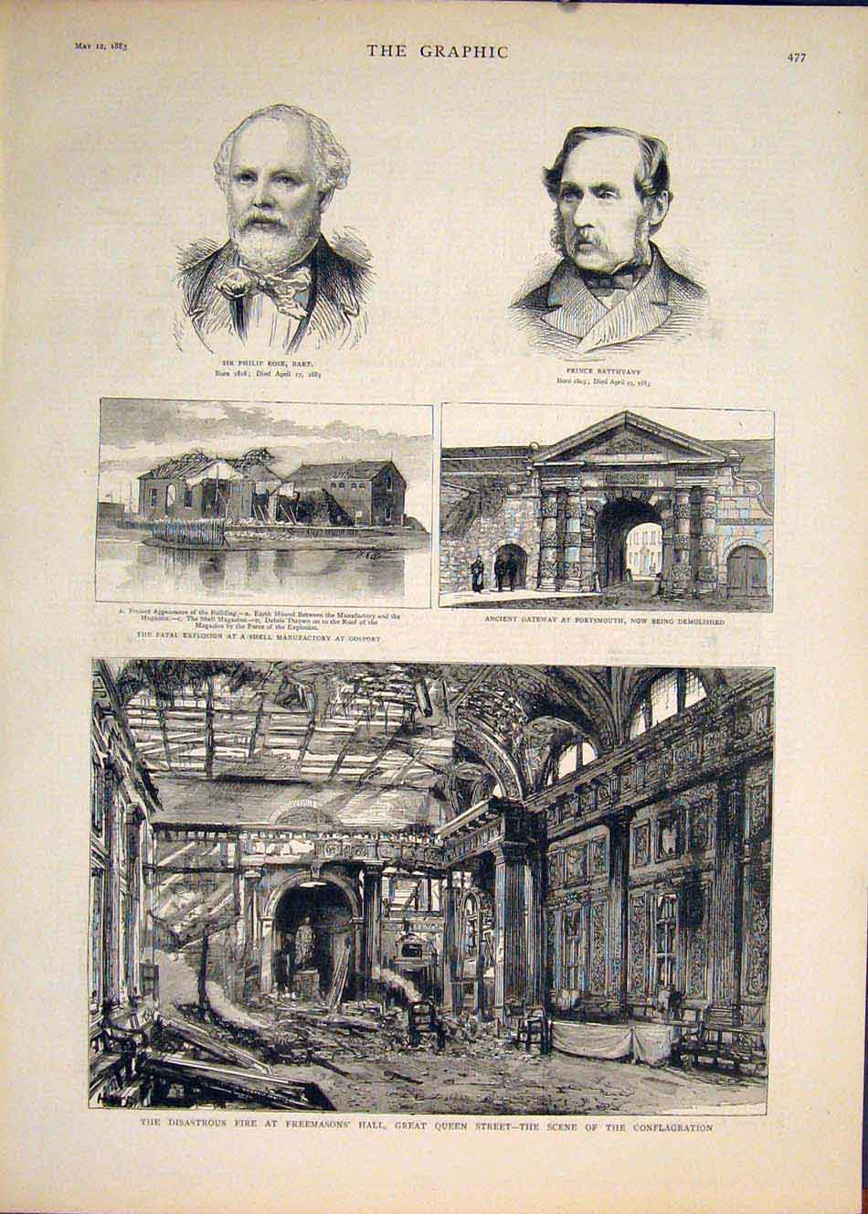 Old Antique Print Portrait Rose Batthyany Factory Gosport Freemason 1883 19th