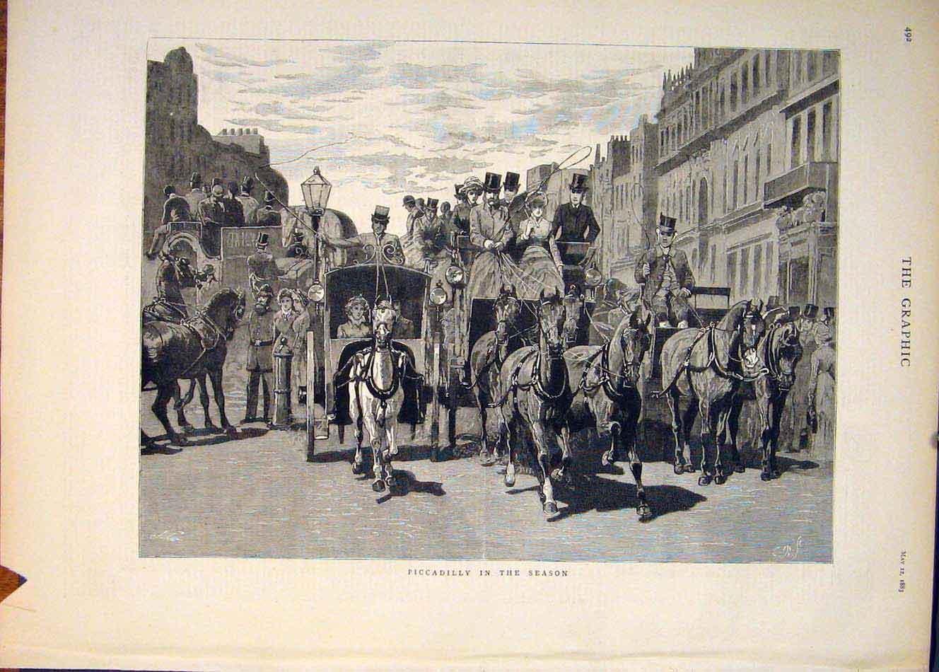 Old Antique Print Piccadilly London In Season Streets Street People 1883 19th