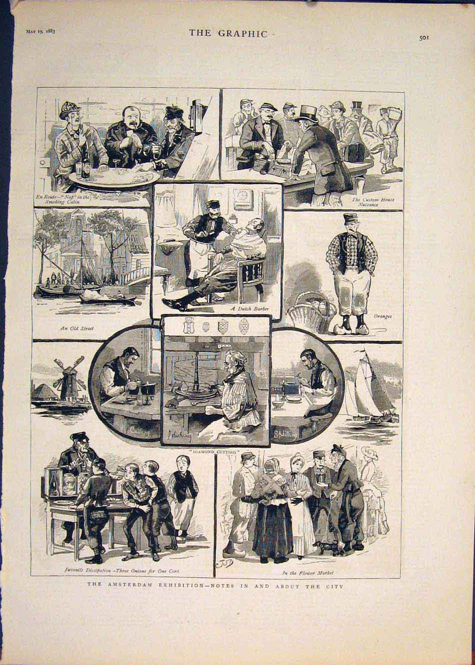 Old Antique Print Amsterdam Exhibition Sketches Dutch Holland Market 1883 19th