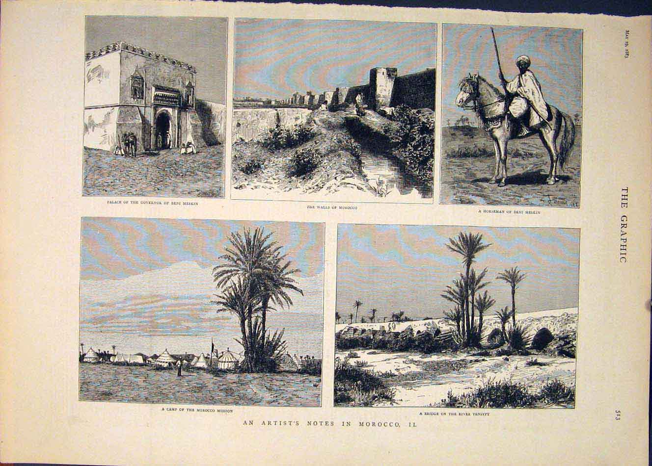 Original Old Antique Print Morocco Africa Palace Beni Meskin Tensyft 1883 19th