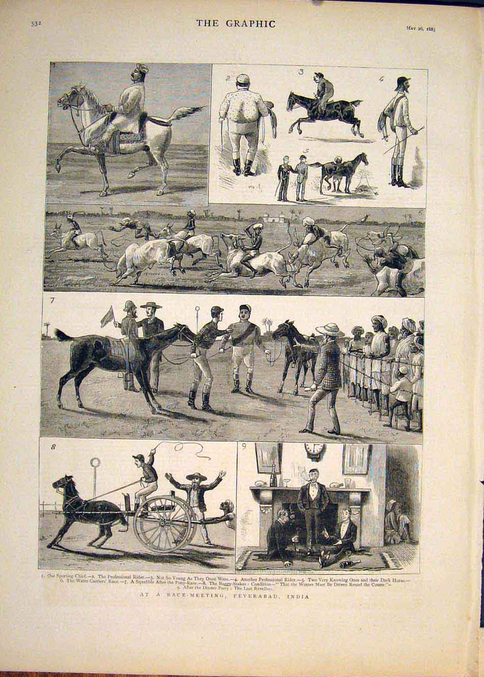 Original Old Antique Print Race Meeting Feverabad India Bull Horse Races 1883