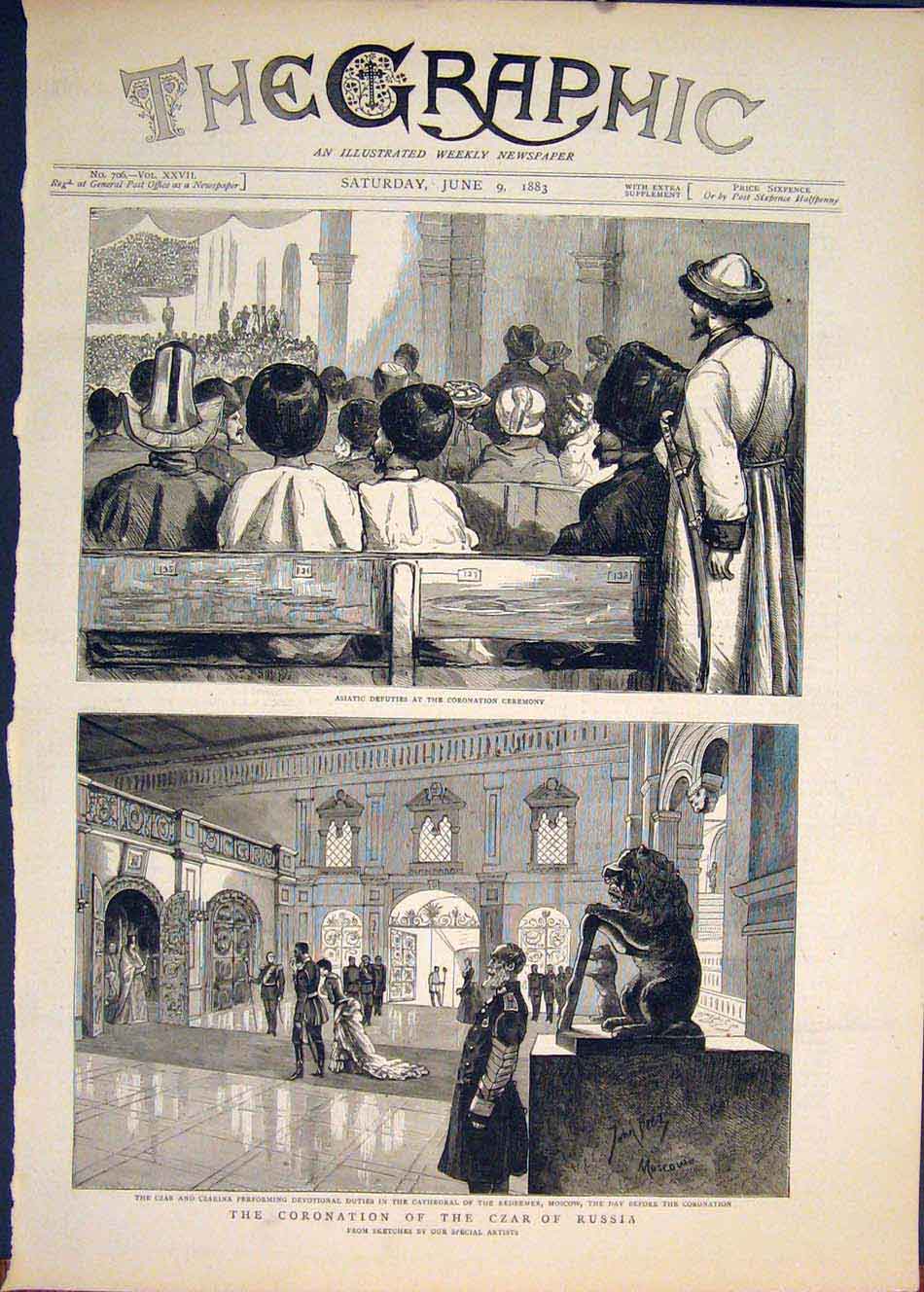 Original Old Antique Print Coronation Czar Russia Asian Cathedral Moscow 1883