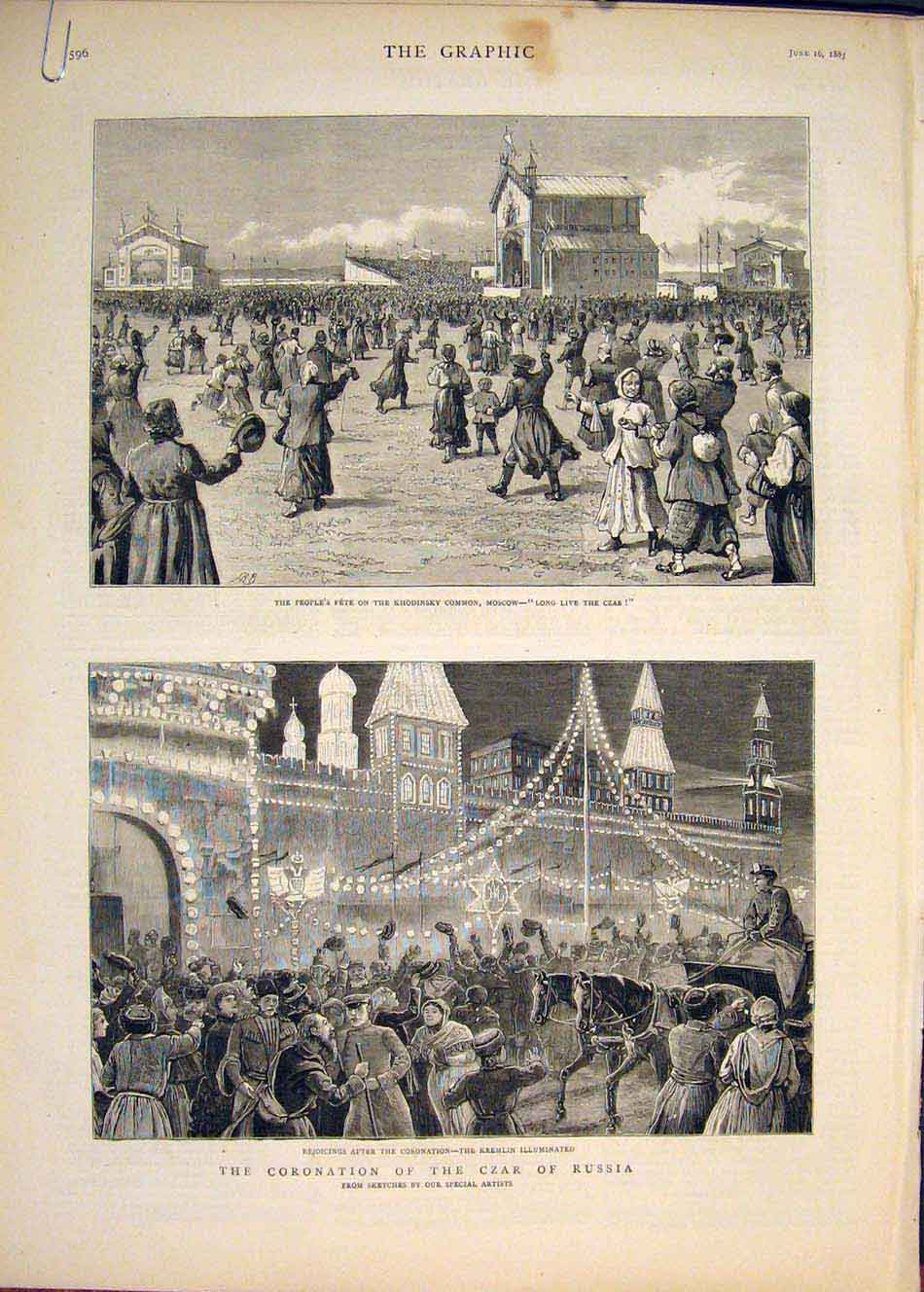 Original Old Antique Print Fete Khodinsky Common Moscow Czar Russia Coronation