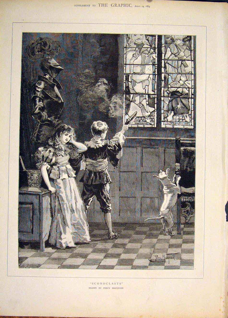Old Antique Print Iconoclasts Stained Glass Window Children Macquoid Dog