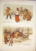 Original Old Antique Print Caldecott Effects Snow Lady Snowball Shoot Shooting