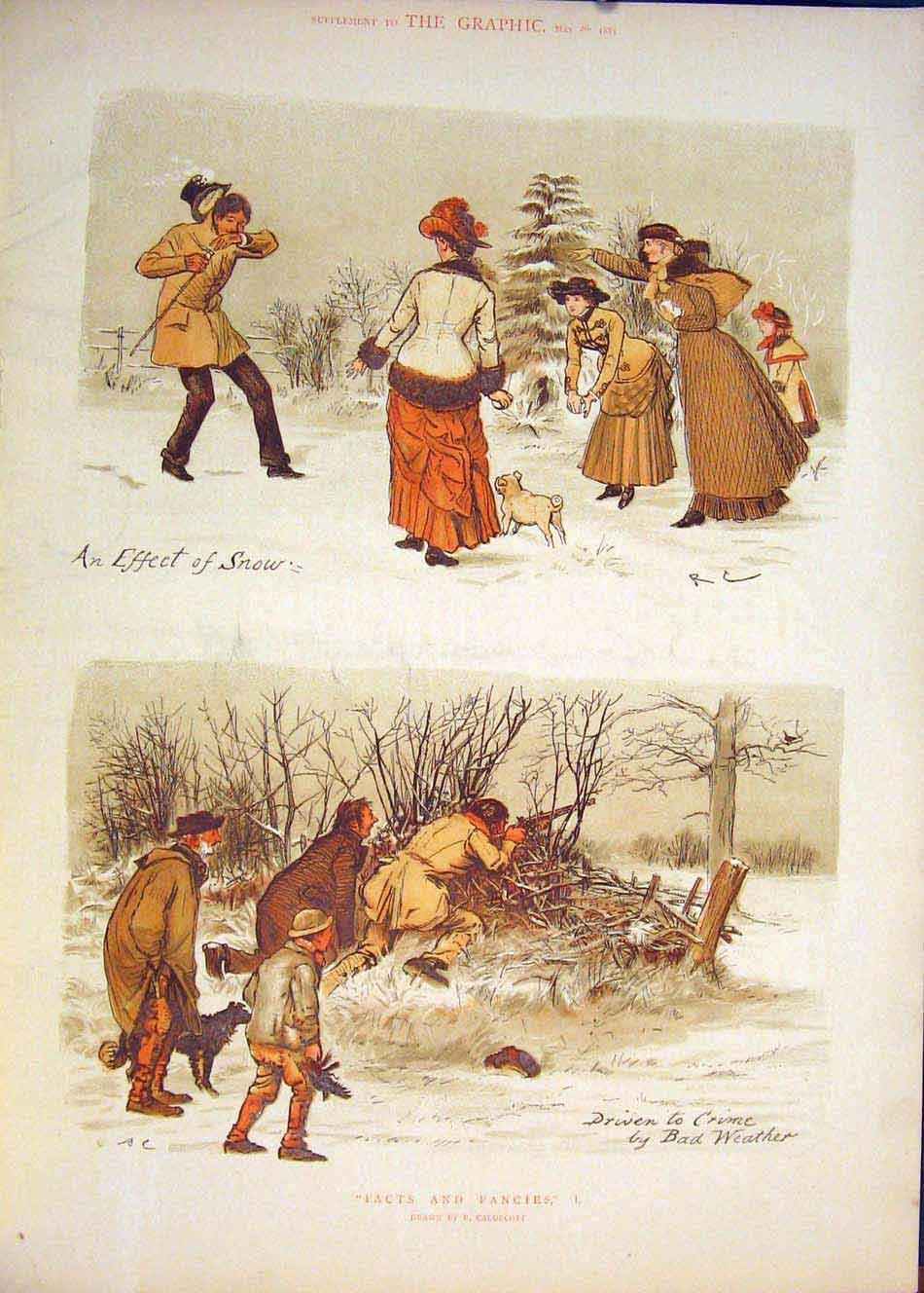 Original Old Antique Print Caldecott Effects Snow Lady Snowball Shoot Shooting