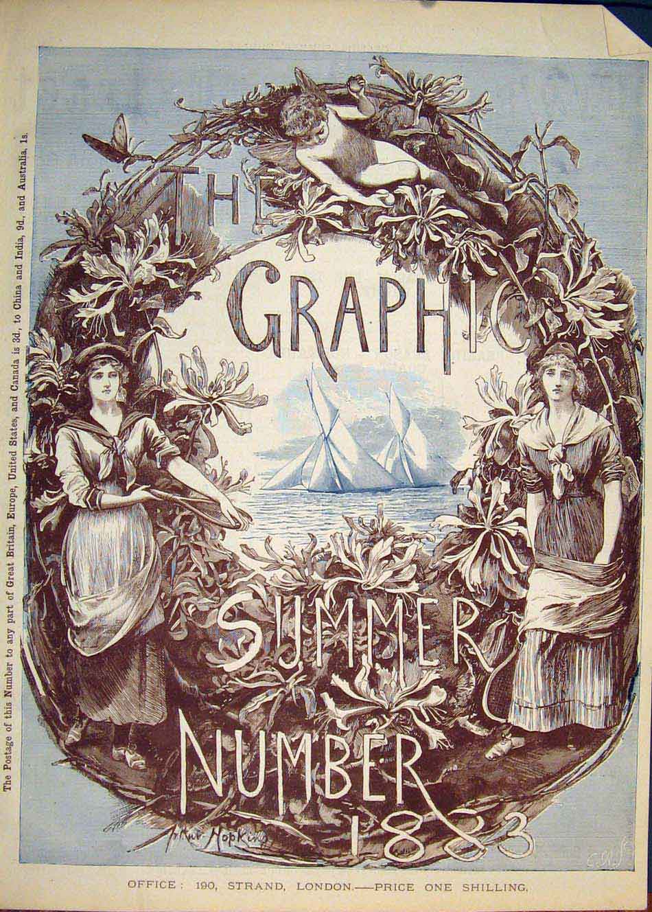 Original Old Antique Print Graphic Cover Page Summer Lady Boat Sea Fairy 1883