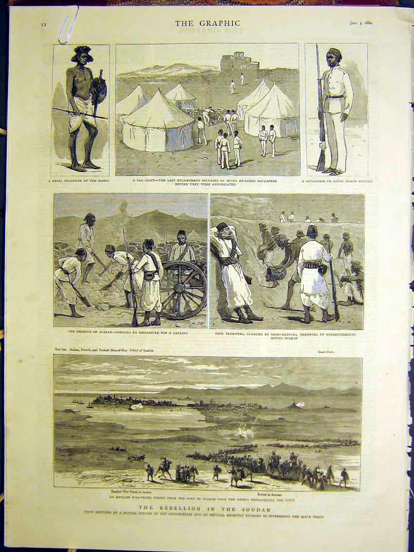 Original Old Antique Print Rebellion Soudan Suakim Sier British Officers 1884