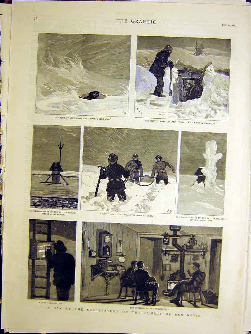 Original Old Antique Print Observatory Summit Ben Nevis Snowstorm 1884 Victorian