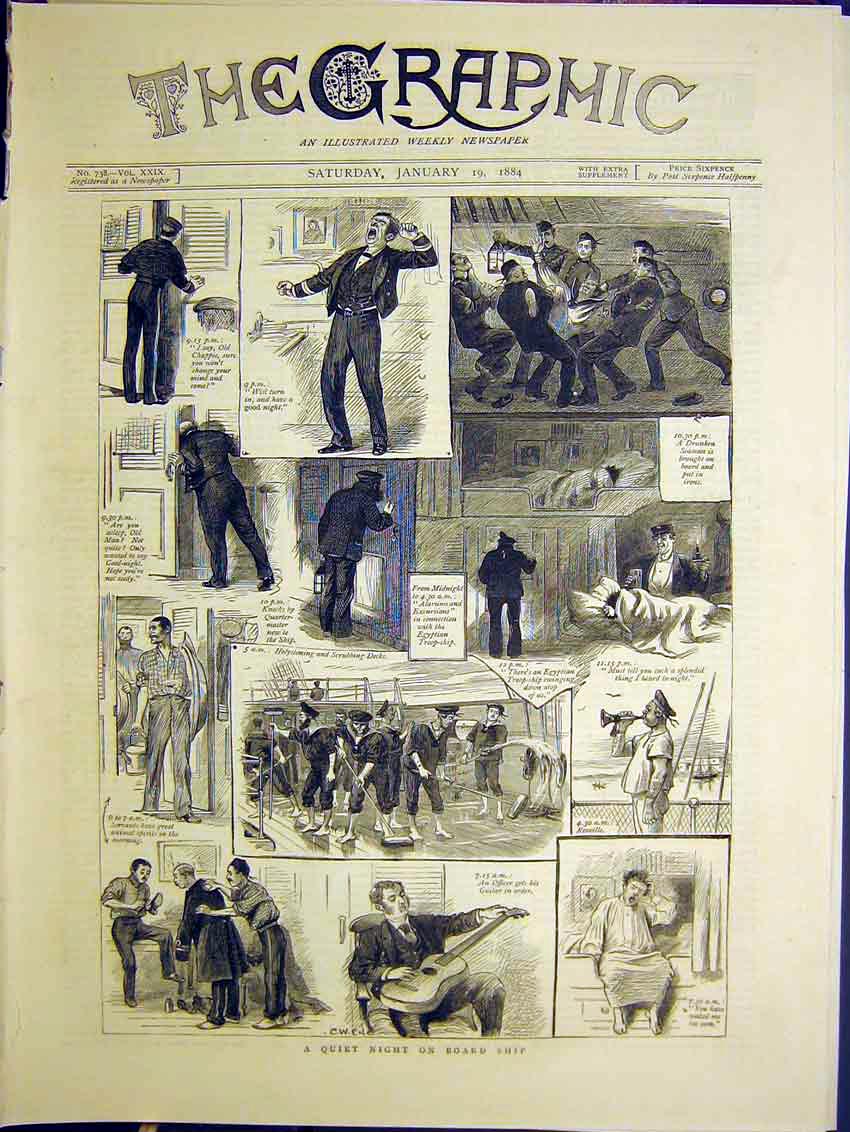 Original Old Antique Print Quiet Night Ship Officer 1884 Sketches 19th