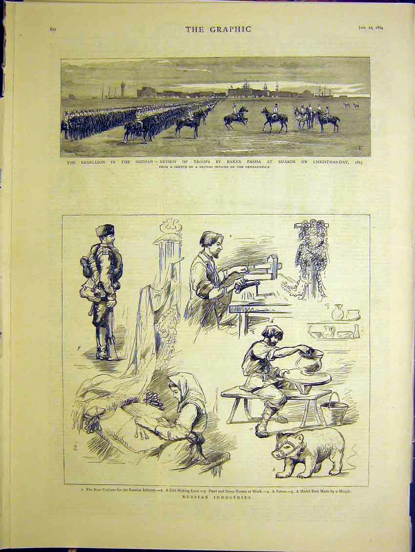 Original Old Antique Print Rebellion Soudan Troops Russian Industries 1884 19th