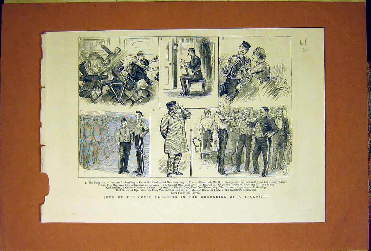 Original Old Antique Print Comic Sketches Troopship Grounding 1884 Victorian